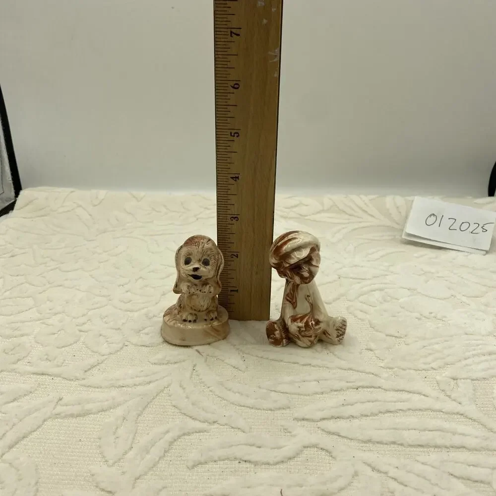 Handmade Glazed Boy with Little Dog Figurines Brown Swirl 2.5” Tall